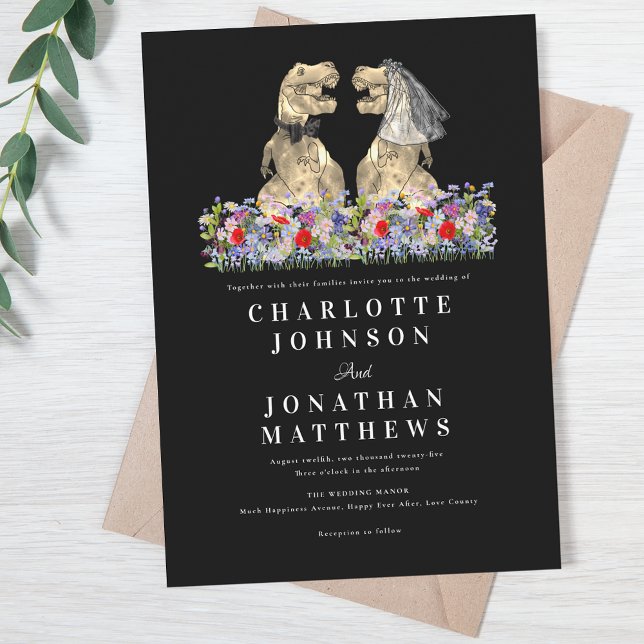 Wildflower Black & White Dinosaur Wedding Einladung (Wildflower boho rustic Dinosaur black and white wedding invitation Fun T-Rex bride & groom dino)