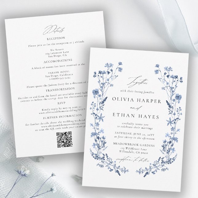 Wildflower Blaue Blumen Garten QR-Code Hochzeit Einladung (wildflower wedding theme blue invitation watercolor garden backyard barn summer spring all in one qr)