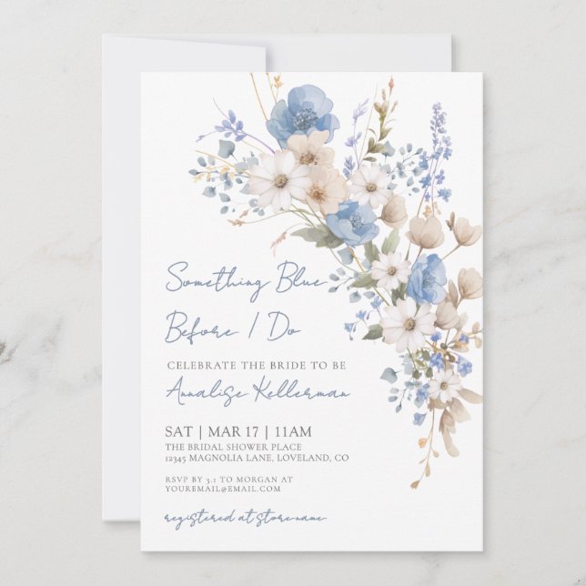 Wildflower Blue Floral Bridal Shower Einladung (Vorderseite)