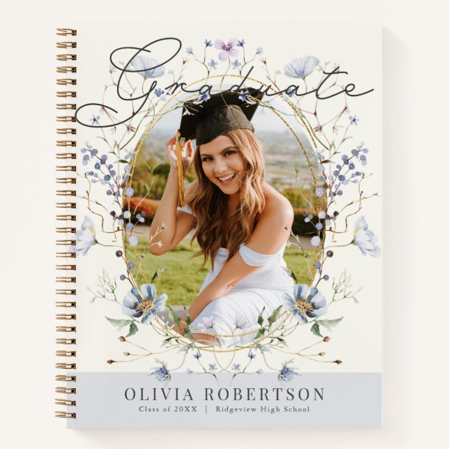 Wildflower Blue Floral Photo Graduation Guest Book Notizbuch (Vorderseite)