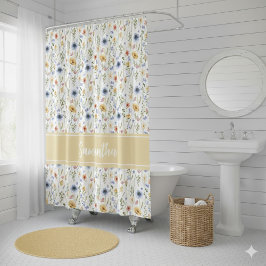 Wildflower Blue Yellow Pink Monogram Watercolor Duschvorhang