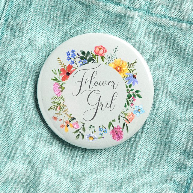 Wildflower Blumenmädchen-Skript-Hochzeit  Button (Flower Girl Wildflower Watercolor Floral Wreath Wedding Button
)