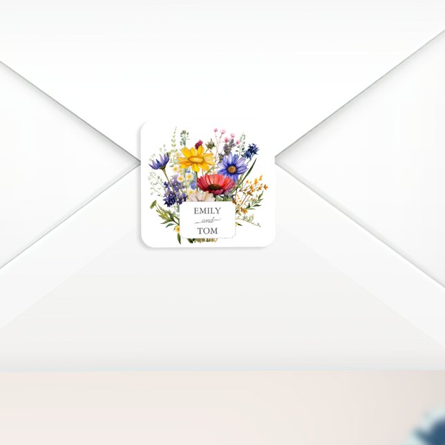 Wildflower Boho Chic Watercolor Wedding Quadratischer Aufkleber (Von Creator hochgeladen)