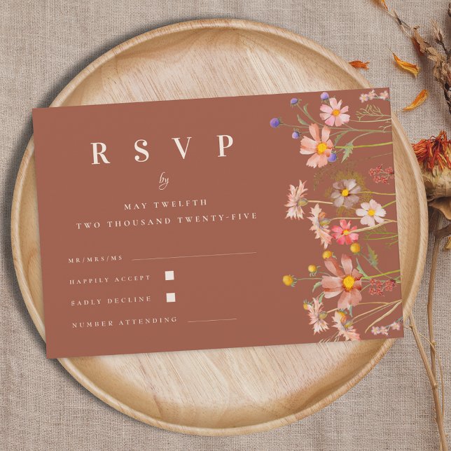 Wildflower Boho Fall Floral Terracotta Wedding RSVP Karte (Wildflower boho fall floral terracotta rust qr code Wedding RSVP card Autumn garden meadow flowers )