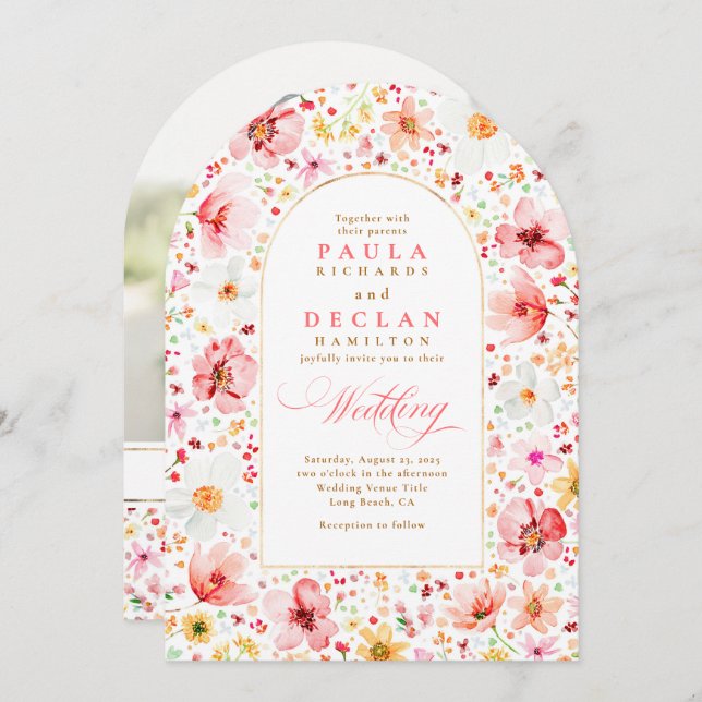 Wildflower Boho Floral Garden Wedding Arch Photo Einladung (Vorne/Hinten)