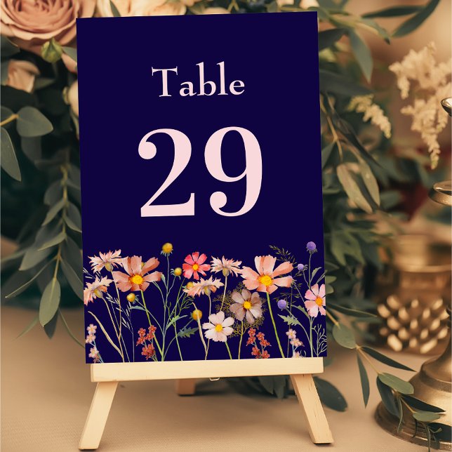 Wildflower Boho Floral Navy Blue Blush Wedding Tischnummer (Wildflower boho fall floral navy blue blush pink Wedding table number Garden meadow flowers )