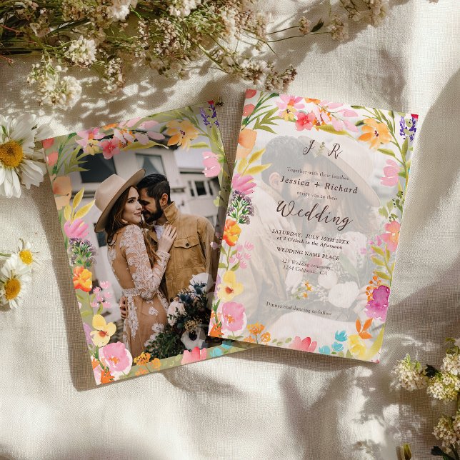 Wildflower Boho garden summer floral photo wedding Einladung (Wildflower Boho garden summer floral photo wedding Invitation)