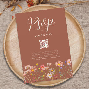 Wildflower Boho Herbst Terrakotta Hochzeit Qr Code RSVP Karte