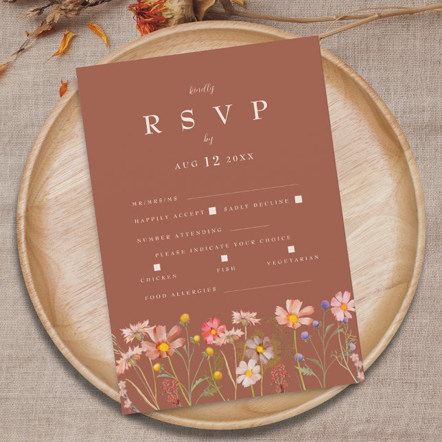 Wildflower Boho Terracotta Meal Option Wedding RSVP Karte (Wildflower boho fall floral terracotta rust beige Wedding reception meal options RSVP enclosure card)