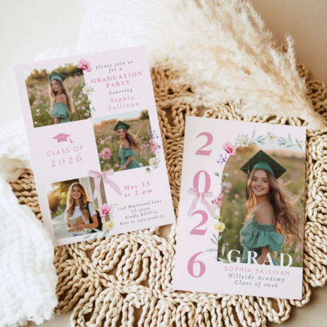 Wildflower Bow Graduation party Photo Collage Einladung (Von Creator hochgeladen)