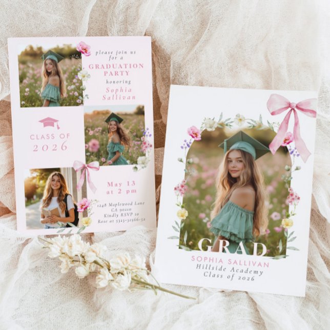 Wildflower Bow Graduation party Photo Collage Einladung (Von Creator hochgeladen)