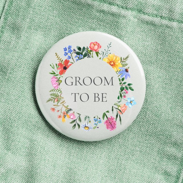 Wildflower Bräutigam Hochzeit  Button (Groom to be Wildflower Watercolor Floral Wreath Wedding Button)