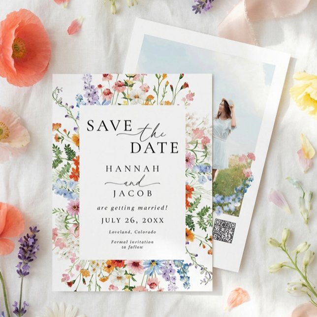 Wildflower Elegant Floral Photo QR Code Wedding Save The Date (Von Creator hochgeladen)
