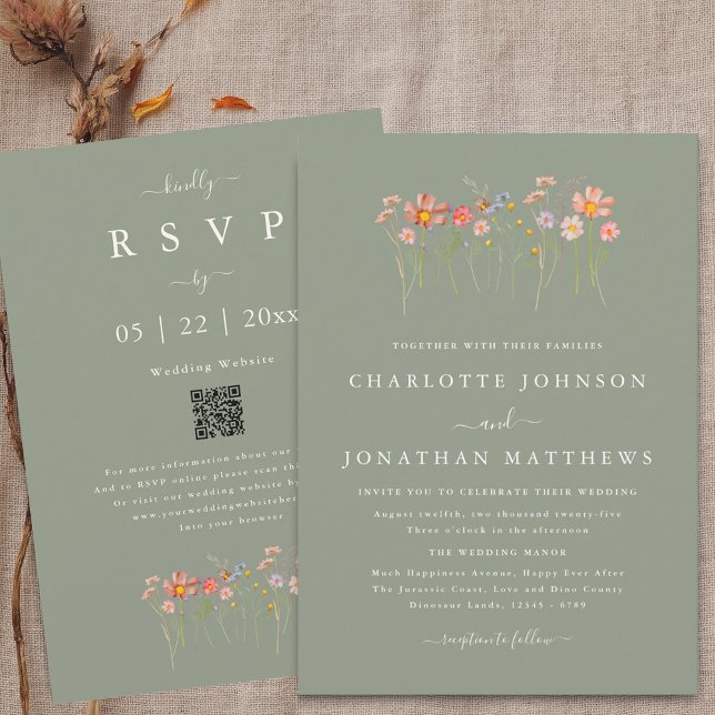 Wildflower Fall Floral Sage Green Wedding QR Code Einladung (Wildflower boho fall floral sage green Wedding qr code invitation Watercolor whimsical meadow flower)