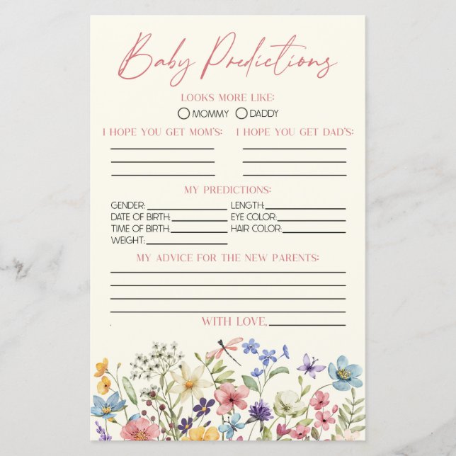 Wildflower Floral Baby Shower Predictions Game (Vorderseite)