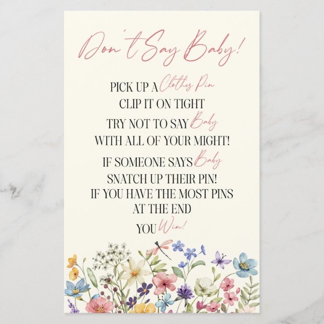 Wildflower Floral Don't Say Baby Shower Game (Vorderseite)