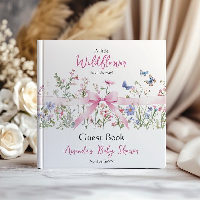 Wildflower Floral Girl Pink Bow Baby Shower Gästebuch (Von Creator hochgeladen)