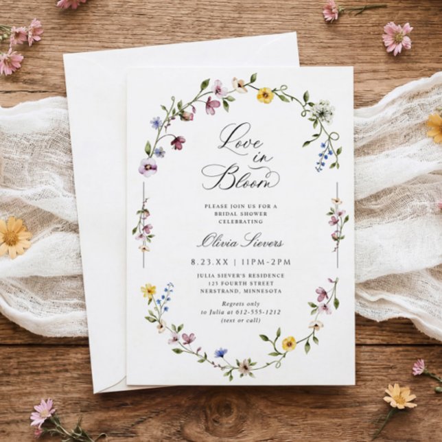 Wildflower Floral Love in Bloom Bridal Shower Einladung (Love in Bloom wildflower bridal shower invitations - elegant vintage watercolor floral frame.)