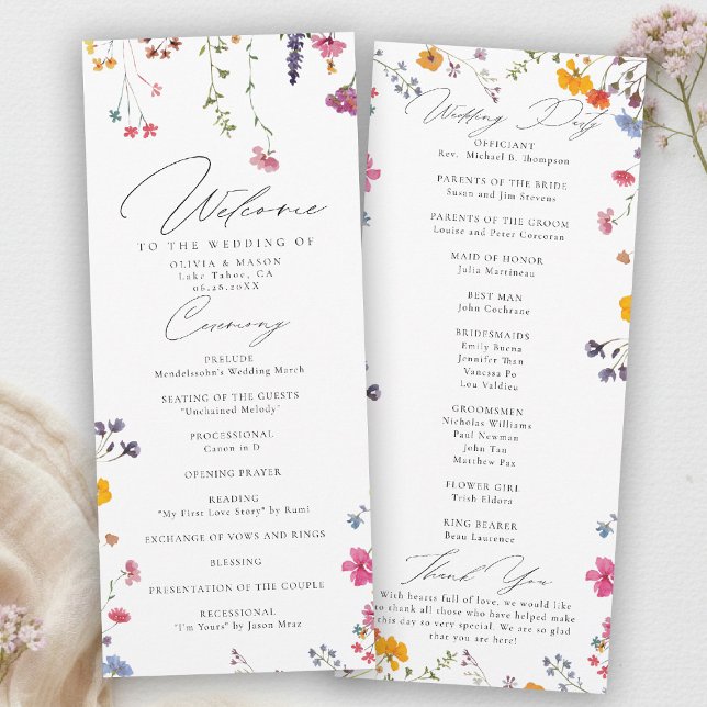 Wildflower Garden Modern Elegant Wedding Program (wildflower wedding program watercolor garden backyard barn summer spring elegant stylish romantic)