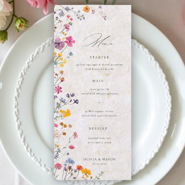 Wildflower Garden Modern Floral Blush Pink Wedding Menükarte (wildflower wedding menu watercolor garden backyard barn summer spring elegant blush pink)