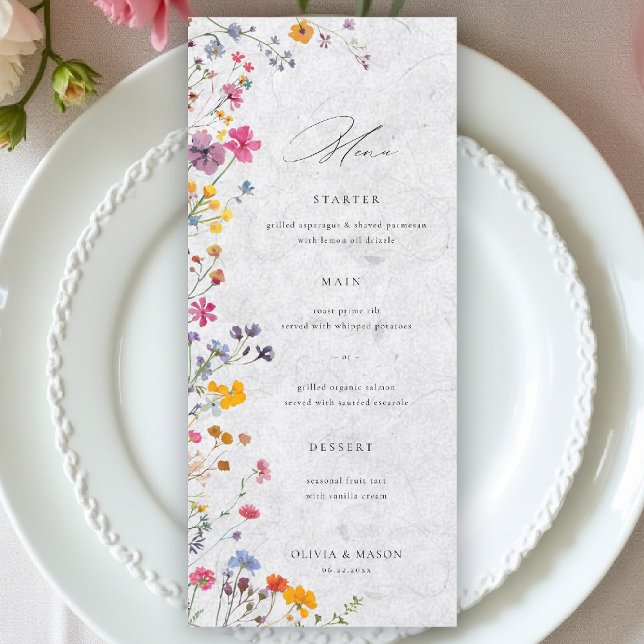 Wildflower Garden Modern Floral Ivory Chic Wedding Menükarte (wildflower wedding menu watercolor garden backyard barn summer spring elegant ivory white)