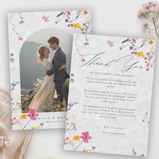 Wildflower Garden Modern Ivory Arch Photo Wedding Dankeskarte (wildflower wedding photo thank you watercolor garden backyard barn summer spring arch ivory)