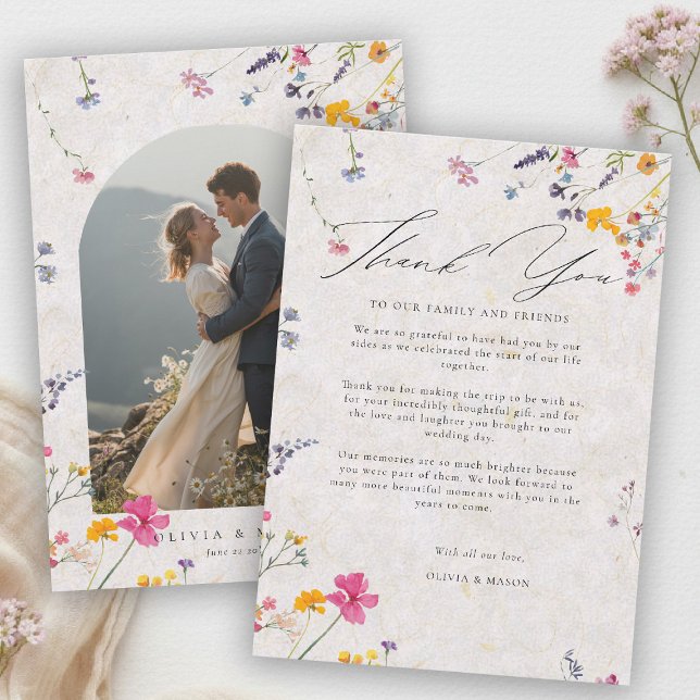 Wildflower Garden Modern Pink Blush Arch Wedding Dankeskarte (wildflower wedding photo thank you watercolor garden backyard barn summer spring arch pink blush)