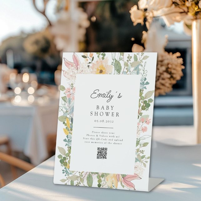 Wildflower-Garten-Charm-Baby-Shower-QR-Code Sockelschild (Custom Wildflower Garden Charm Baby Shower QR Code Pedestal Sign, for a Photo Gallery.)