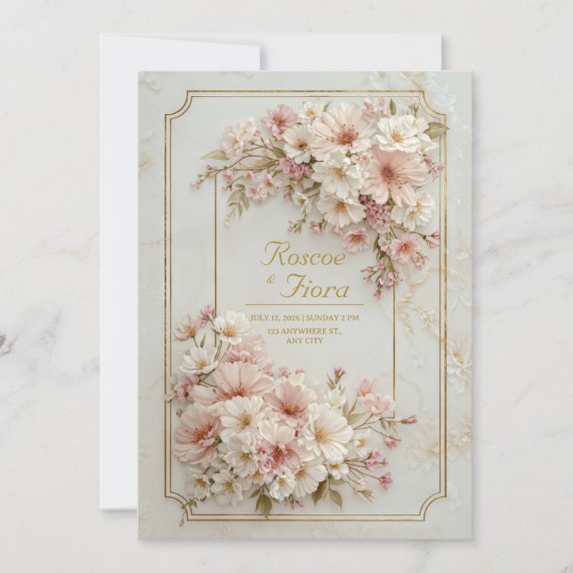 Wildflower Gilded Ticket Frame Wedding Einladung (Vorderseite)
