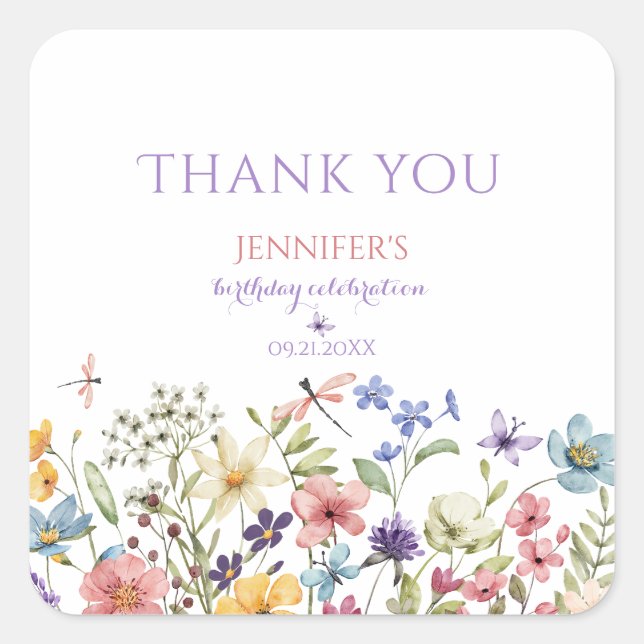 Wildflower Girl 1st Birthday Thank You Sticker (Vorderseite)