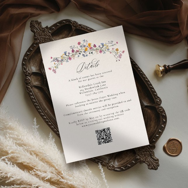 Wildflower Grace Elegant QR Code Wedding Details Begleitkarte (wildflower wedding theme details romantic colorful watercolor pastel floral timeless modern classic)