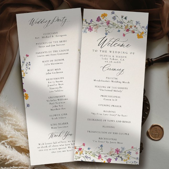 Wildflower Grace Modern Elegant Wedding Program (wildflower wedding theme program romantic colorful watercolor pastel floral timeless classic)
