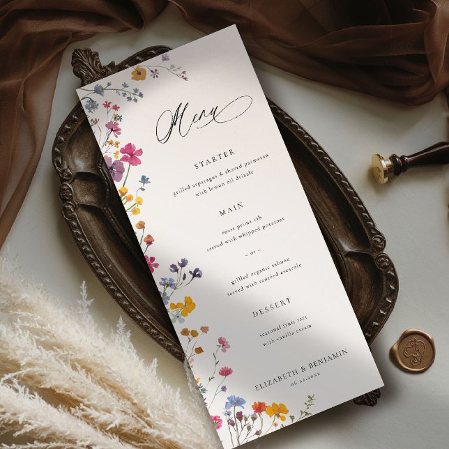 Wildflower Grace Modern Floral Elegant Wedding Menükarte (wildflower wedding theme menu romantic colorful watercolor pastel floral timeless classic)