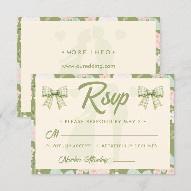 Wildflower-Grün-Gingham-Bogen-QR-Code-Hochzeit RSVP Karte (Vorne/Hinten)