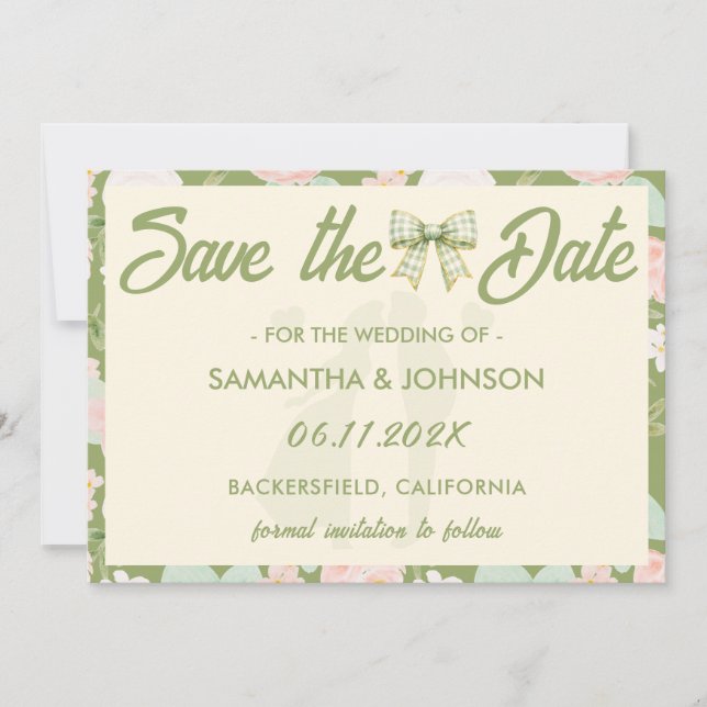Wildflower-Grün-Gingham-Schleife Hochzeit Save The Date (Vorderseite)