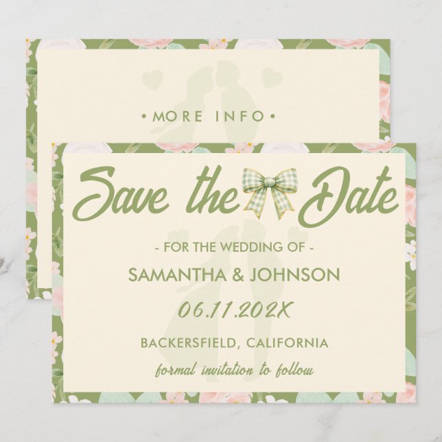 Wildflower-Grün-Gingham-Schleife-QR-Code-Hochzeit Save The Date (Vorne/Hinten)