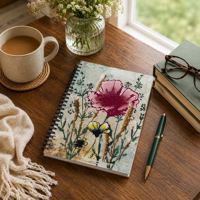 Wildflower Hardcover Journal Notizbuch (Wildflower journal with botanical artwork on a sunlit writing desk.)