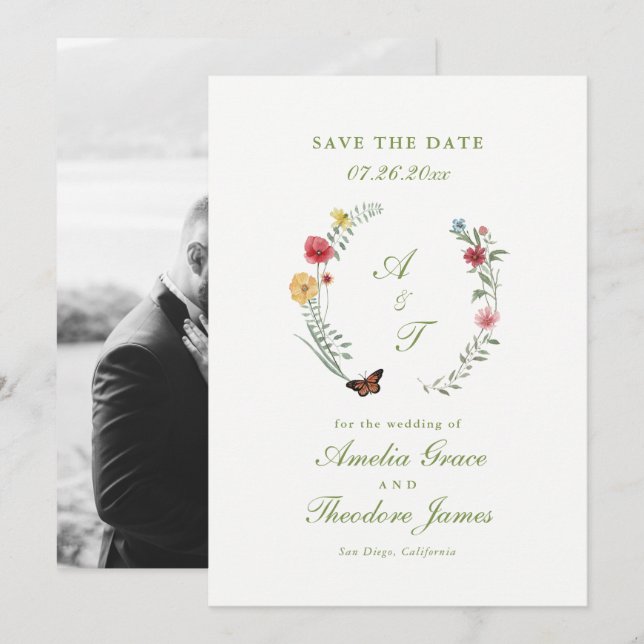 Wildflower-Hochzeit Save the Date Karte (Vorne/Hinten)