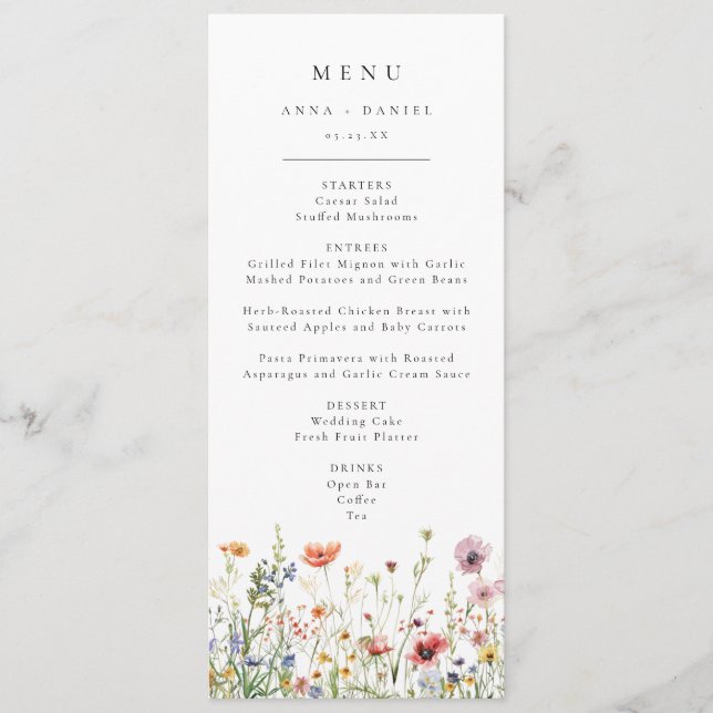Wildflower-Hochzeitsmenü Menükarte (Vorderseite)