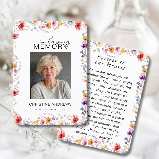 Wildflower "In Loving Memory" Photo Memorial  Visitenkarte (Wildflower "In Loving Memory" Custom Photo Memorial Funeral Card)