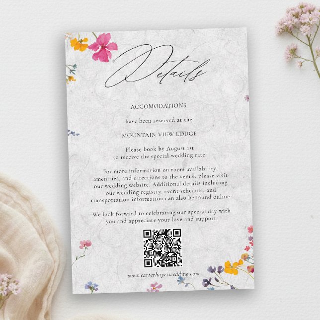 Wildflower Ivory Elegant QR Code Wedding Details Begleitkarte (wildflower wedding details qr watercolor garden backyard barn summer spring elegant ivory)