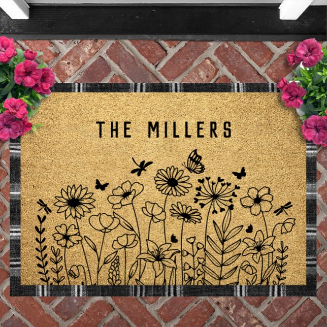 Wildflower Line Art Personalized Welcome Custom Fußmatte (Wildflower Line Art Personalized Doormat | Custom Text Welcome Mat Housewarming Gift)