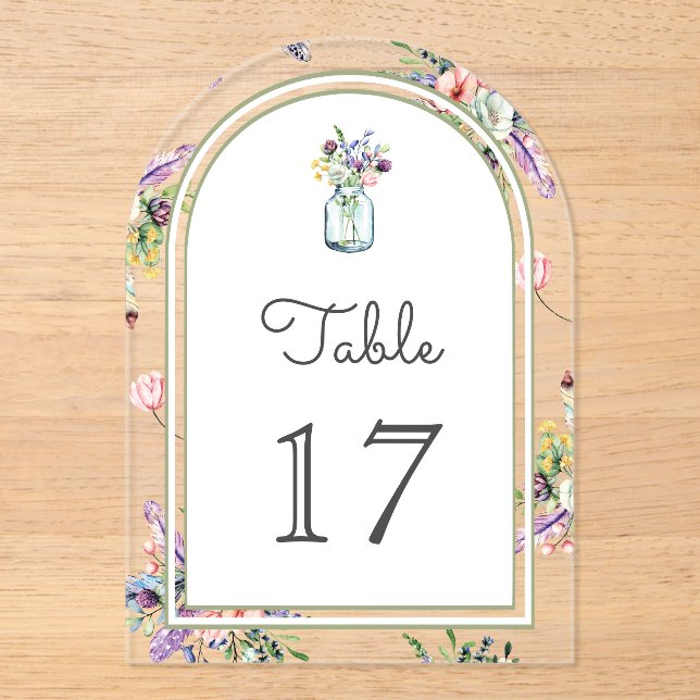 Wildflower Mason Jar Wedding Acrylic Table Number Acryleinladungen (Vorderseite)