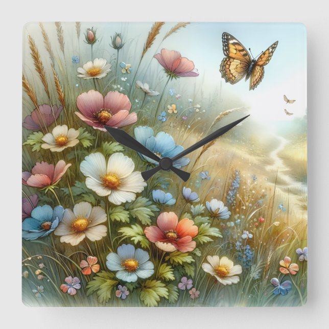 Wildflower Meadow Butterfly Garden Quadratische Wanduhr (Vorderseite)