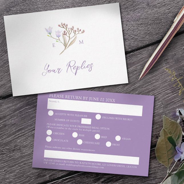 Wildflower meal option purple boho fall wedding RSVP karte (Von Creator hochgeladen)