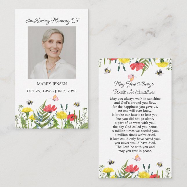 Wildflower Memorial Photo Funeral Prayer Card Visitenkarte (Vorne/Hinten)