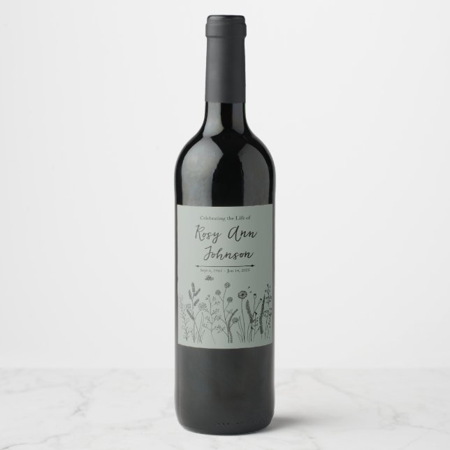 Wildflower Memorial Wine Label on Sage Green Weinetikett (Vorderseite)