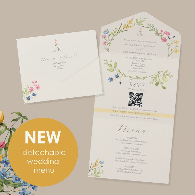 Wildflower Menu Ivory Wedding All In One Einladung (Von Creator hochgeladen)