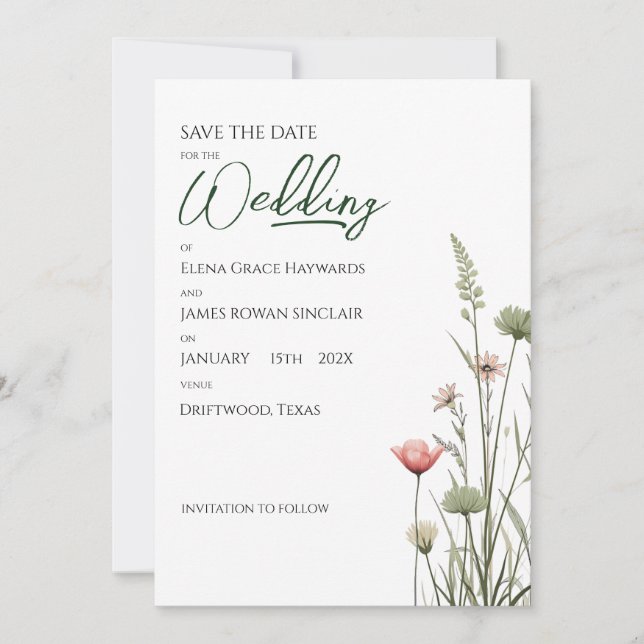 Wildflower Minimalist Boho Budget Save The Date Einladung (Vorderseite)