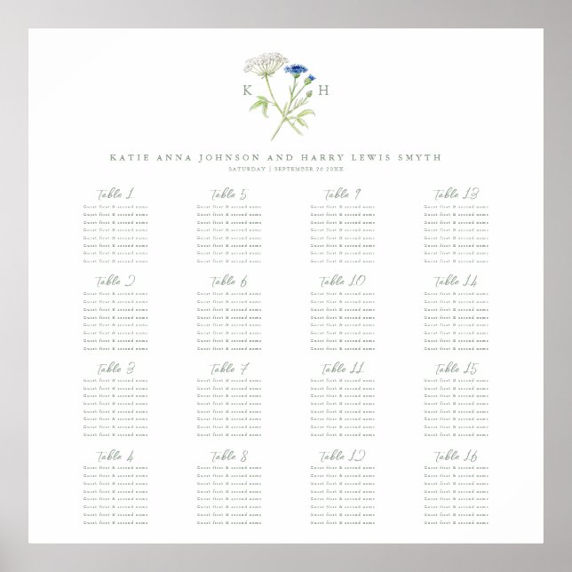 Wildflower monogram green wedding 16 table seating poster (Vorne)